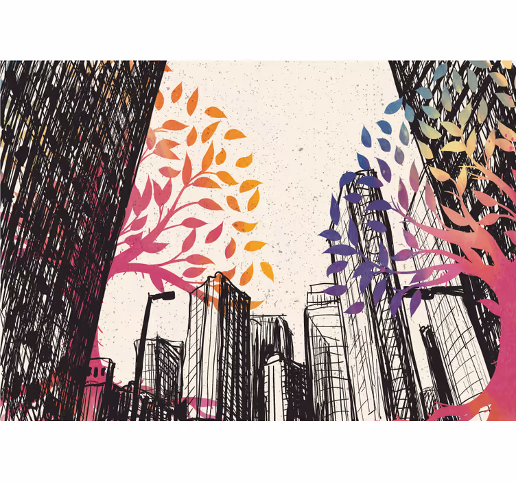 Living room blind with seasonal trees and skyscrapers - TenStickers