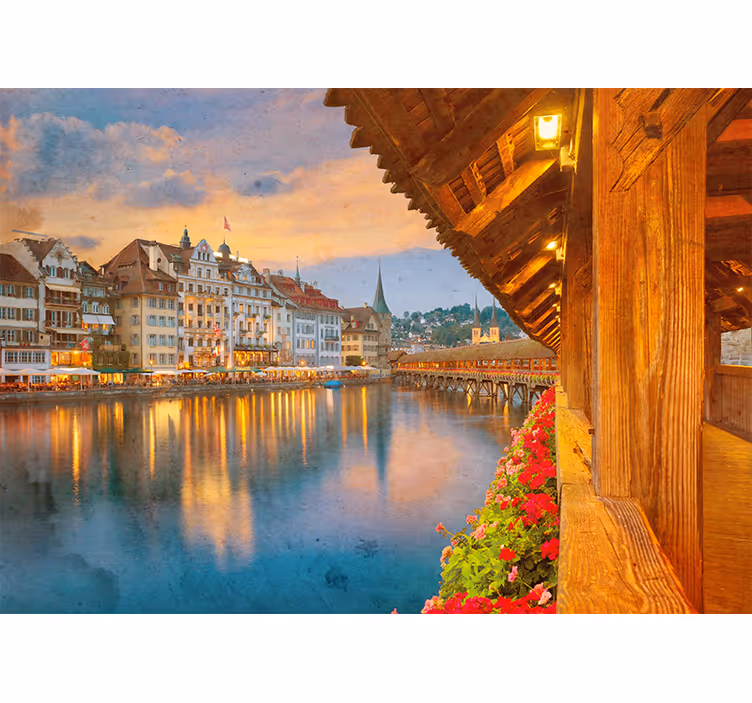 Living room blind old style swiss lakeside buildings - TenStickers