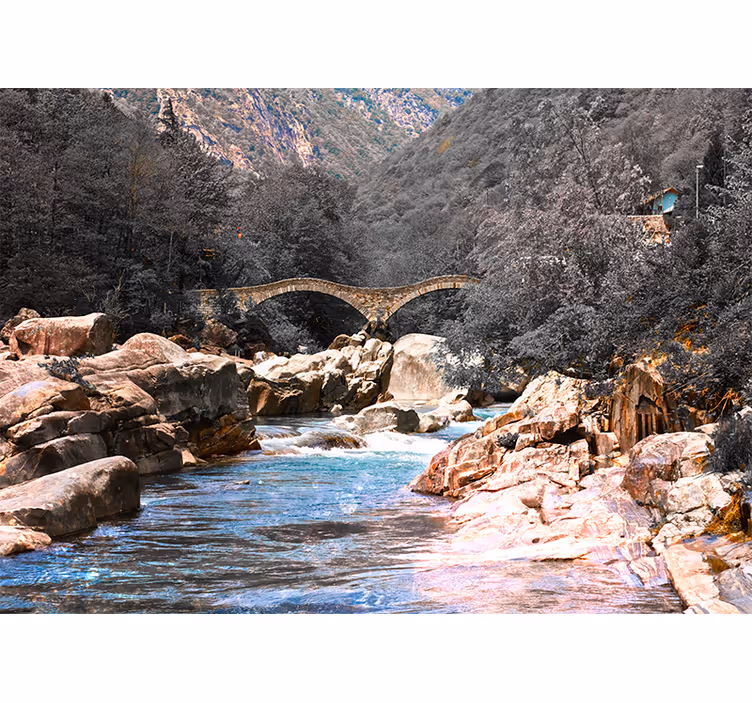 Living room blind river through forest with stone bridge - TenStickers