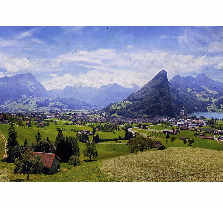 Living room blind with houses in a green field - TenStickers