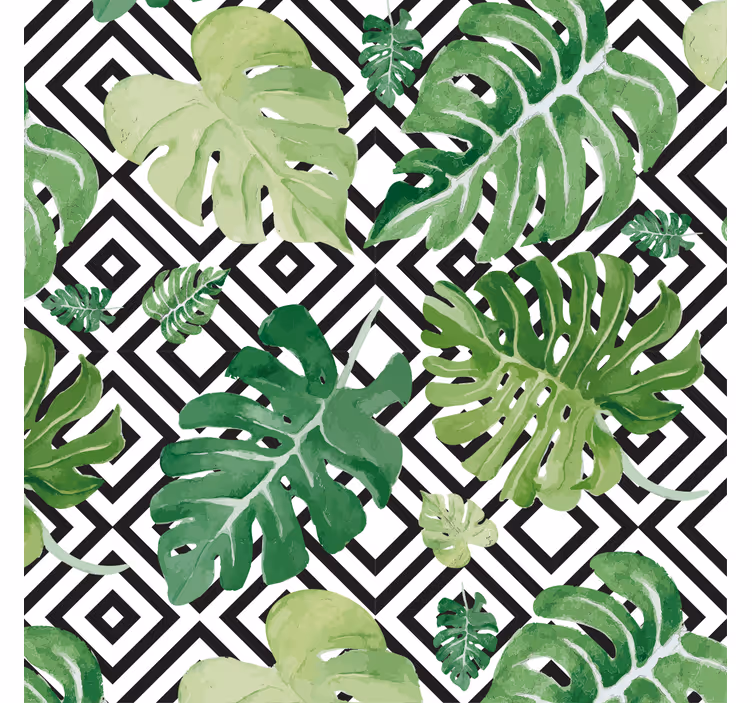 Living room blind with monstera leaves on geometric pattern - TenStickers