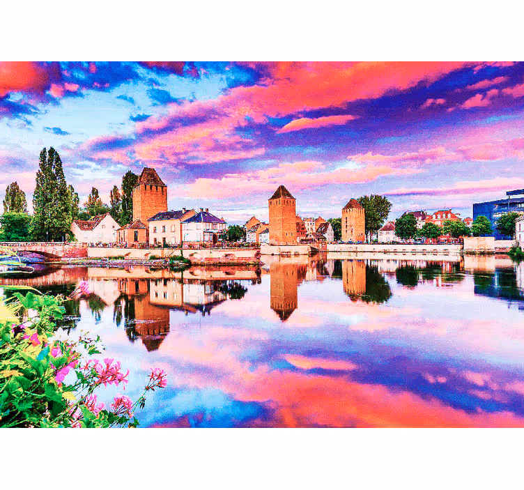 Blind bedroom with pink sky reflection in water - TenStickers