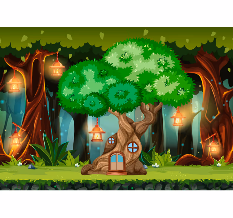 Blind children wall mural fantasy tree house lanterns - TenStickers