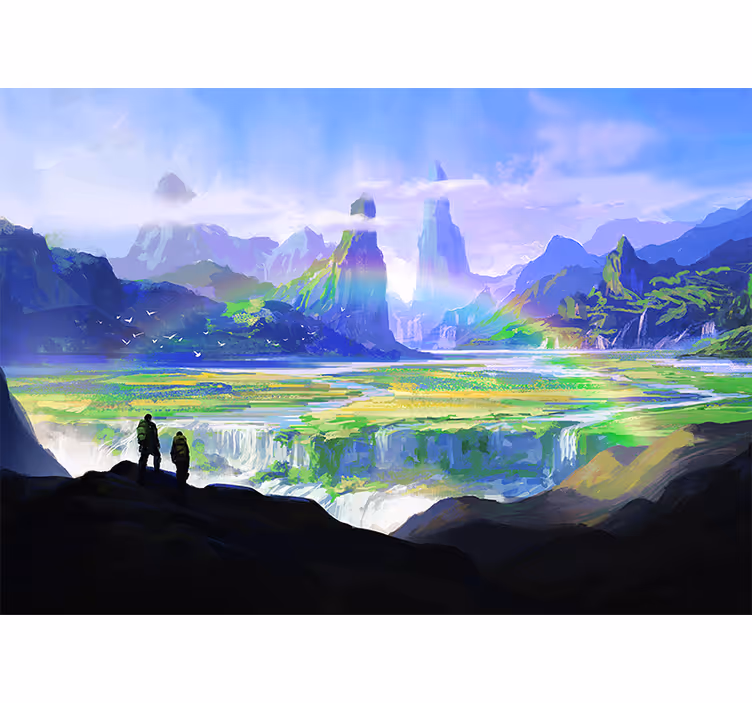 Mountain waterfall colorful nature wall mural - TenStickers