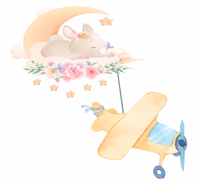 Bunny sleeping on the moon with toy plane animal vinyl rug - TenStickers