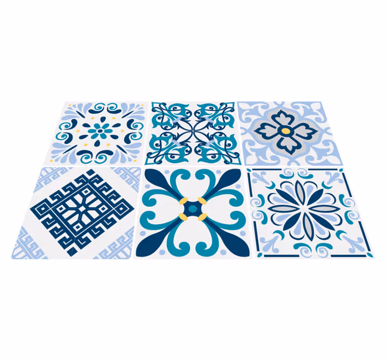 Kitchen vinyl rug with blue flower tiles - TenStickers