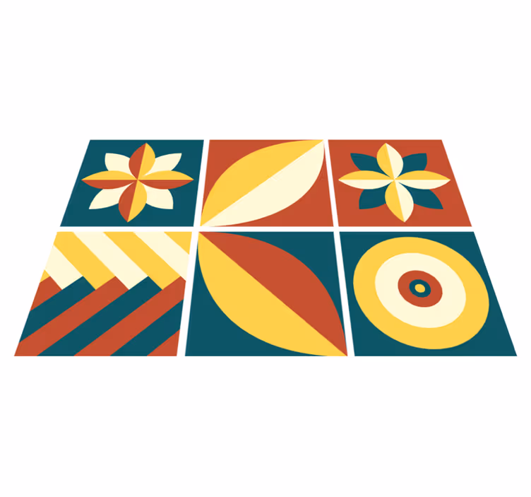 Geometric vinyl rug with green and orange tiles - TenStickers