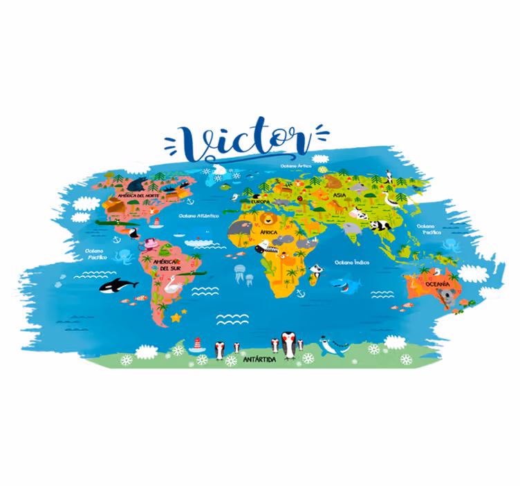 World map vinyl rug with animal names in spanish - TenStickers