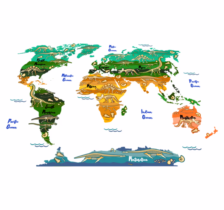 World map vinyl rug with dinosaur names in english - TenStickers