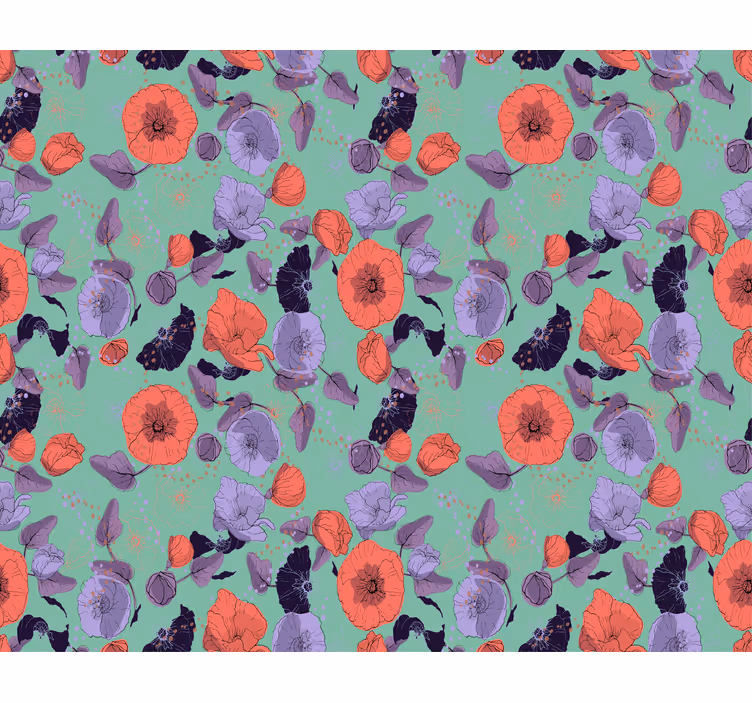 Flowers wallpaper blue and red poppies design - TenStickers
