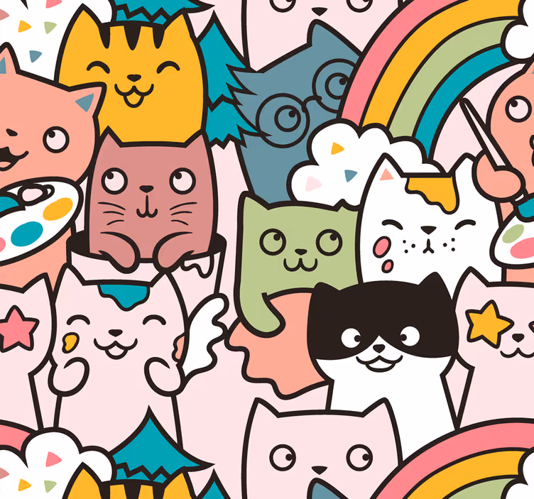 Cat doodle pastel colors pattern wall paper in bedroom - TenStickers