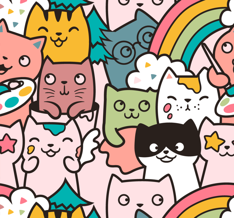 Blind children cat doodle pastel colors pattern - TenStickers