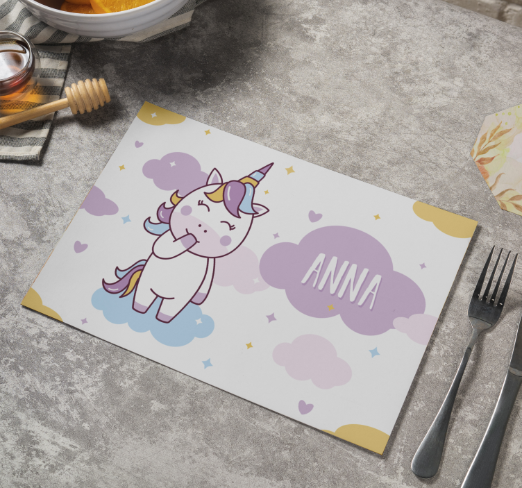 Customised name cute unicorn with clouds kids placemat - TenStickers