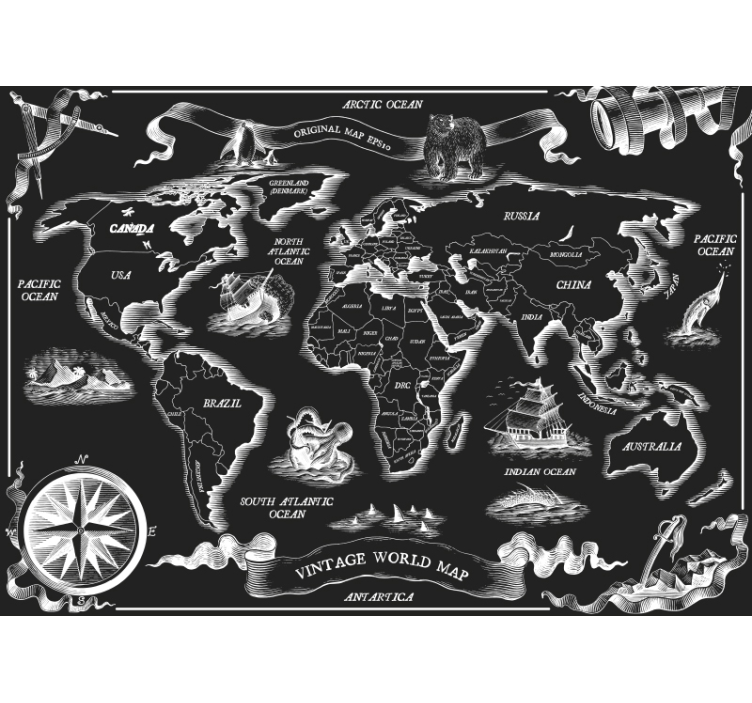 Black and white worldmap continents wall mural - TenStickers