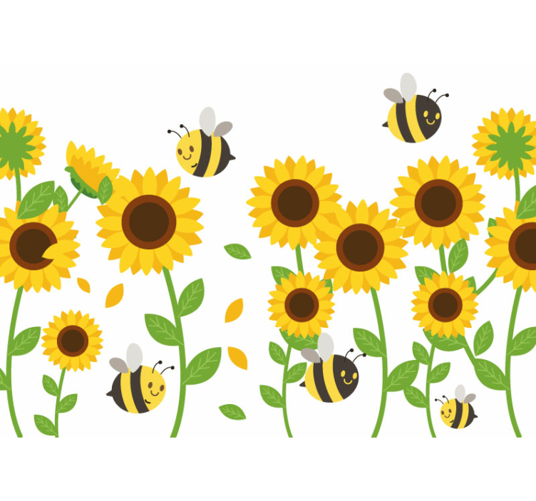 Flower wall mural cheerful sunflowers and buzzing bees - TenStickers