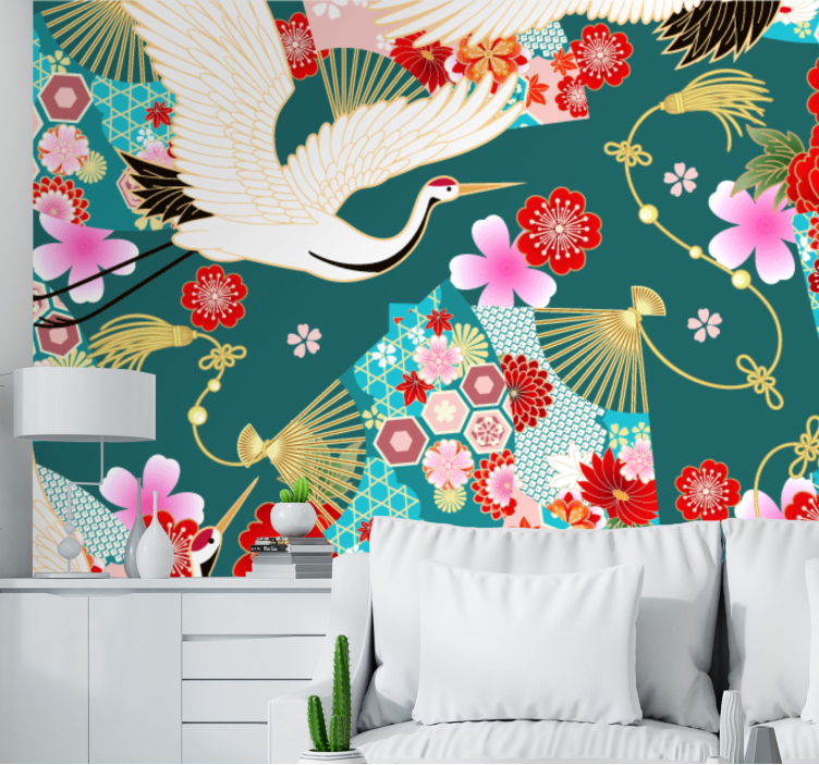 Animals wall mural cranes and blossoms - TenStickers