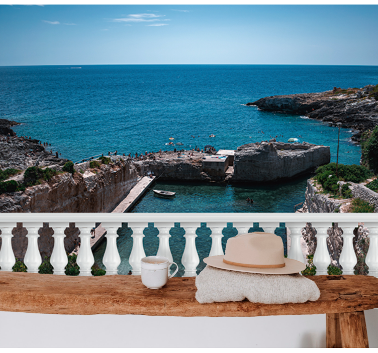 Balcony with ocean living room wall mural - TenStickers