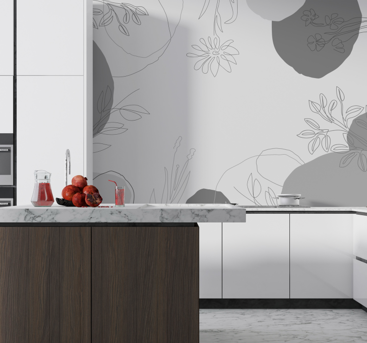 Botanical grey tones wall mural kitchen - TenStickers
