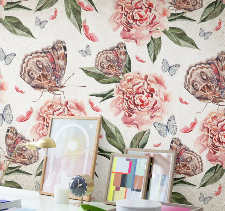 Butterflies and peonies flower wall mural - TenStickers