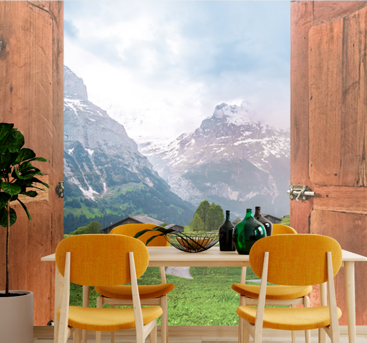 Cabin window and door with Mountain wall mural - TenStickers