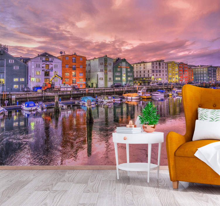 City wall mural colorful waterfront buildings - TenStickers