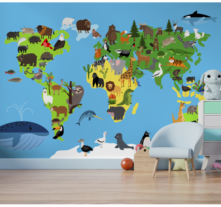 Minimalistic animals world map wall mural - TenStickers