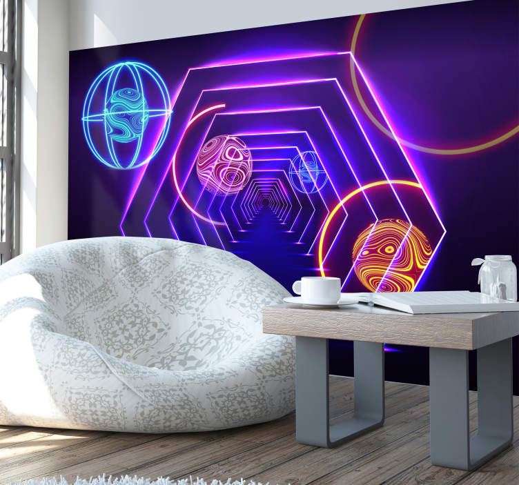 Neon Hexagonal Tunnel View wall mural 3d - TenStickers