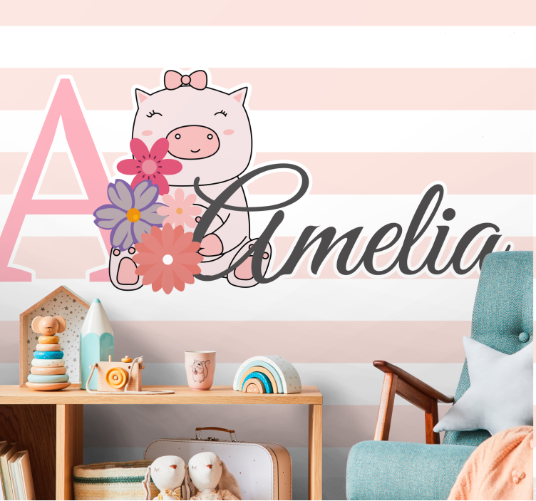 Romantic wall mural cute piglet blossoms - TenStickers