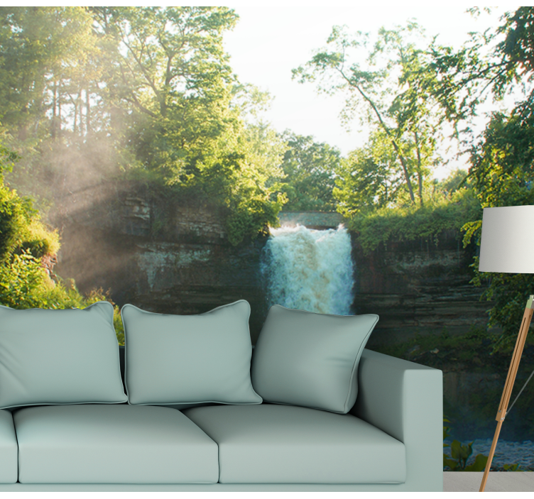 Serene sunny view wall mural waterfall - TenStickers