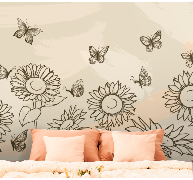Sunflower Butterfly Sketch flower wall mural - TenStickers