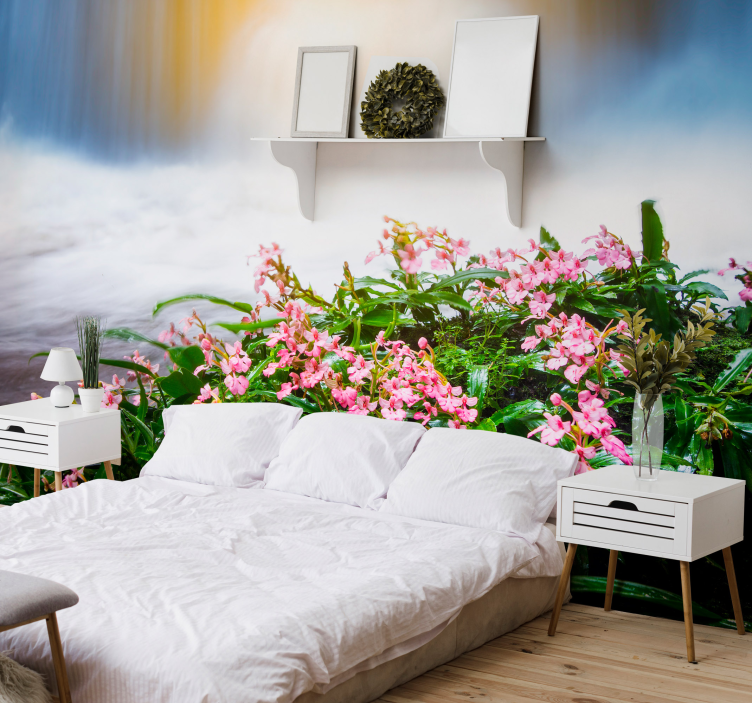 Waterfall with pink flowers Waterfall Mural - TenStickers