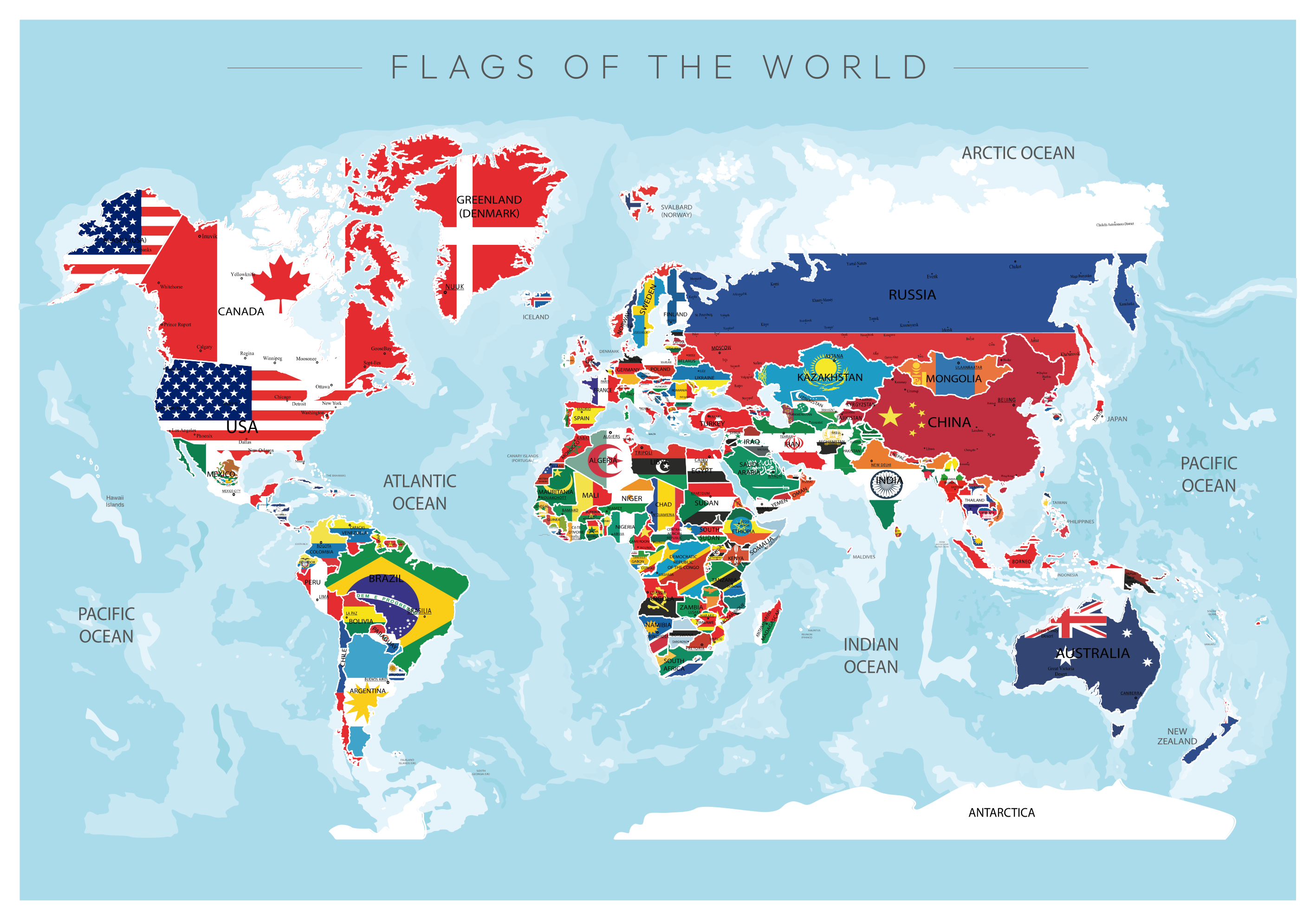 World Map with Flags: A map of the world that includes the flags  - TenStickers