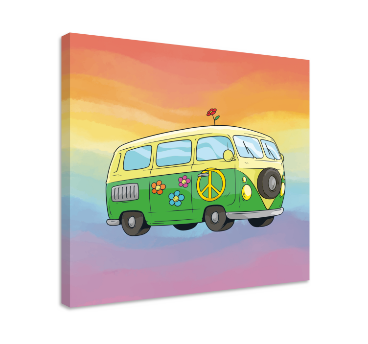 Cartoon hippie car with rainbows retro canvas - TenStickers