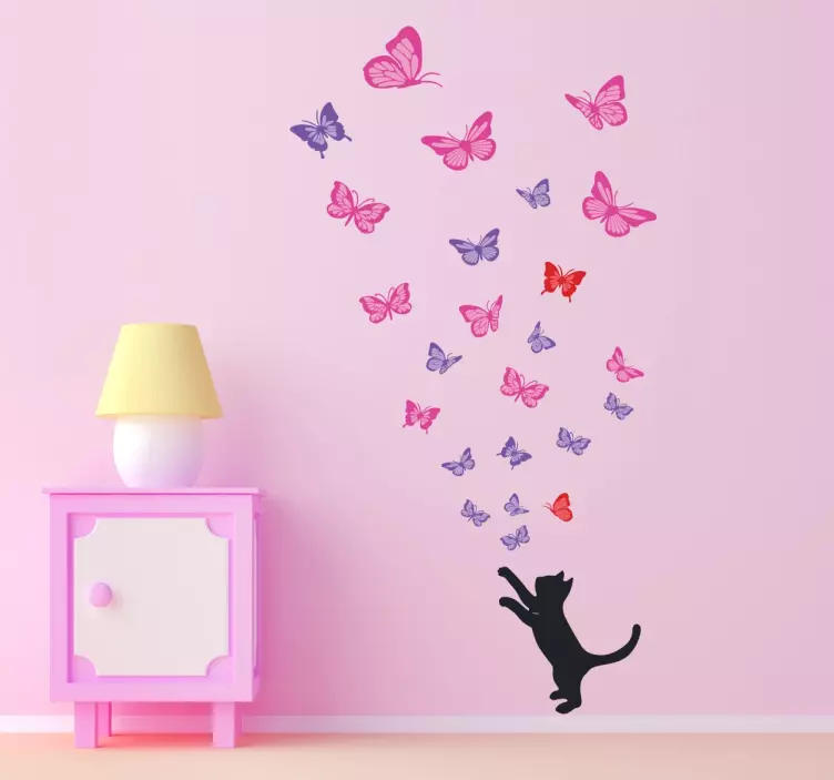 Cat chasing set of colorful butterfly wall sticker - TenStickers
