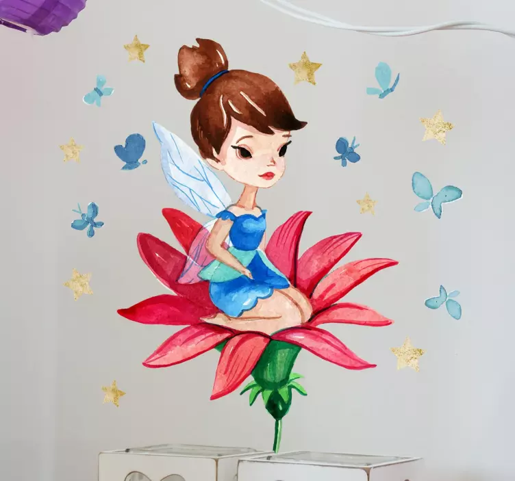 Little girl sitting on flower fairy wall sticker - TenStickers