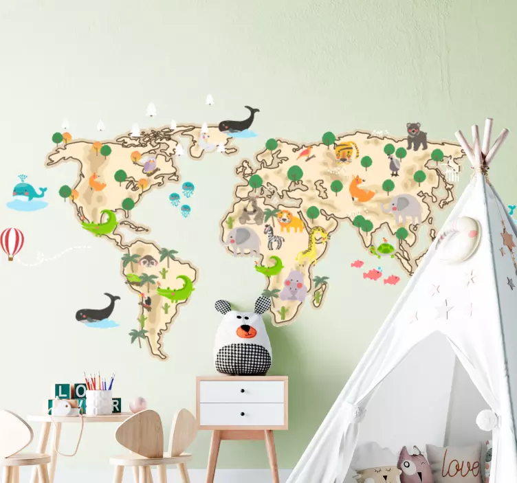 Beige and fauna design world map decal for wall - TenStickers