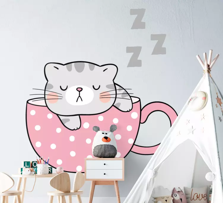 Cute cat sleeping on coffee cup  cat sticker - TenStickers
