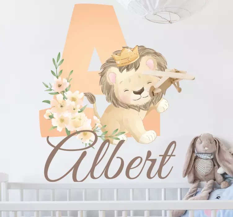 Kid's sticker floral crowned lion with name - TenStickers