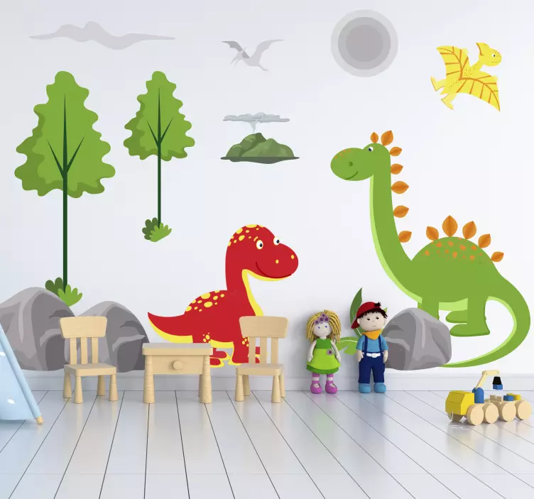 Kid's sticker colorful dinosaur scene - TenStickers