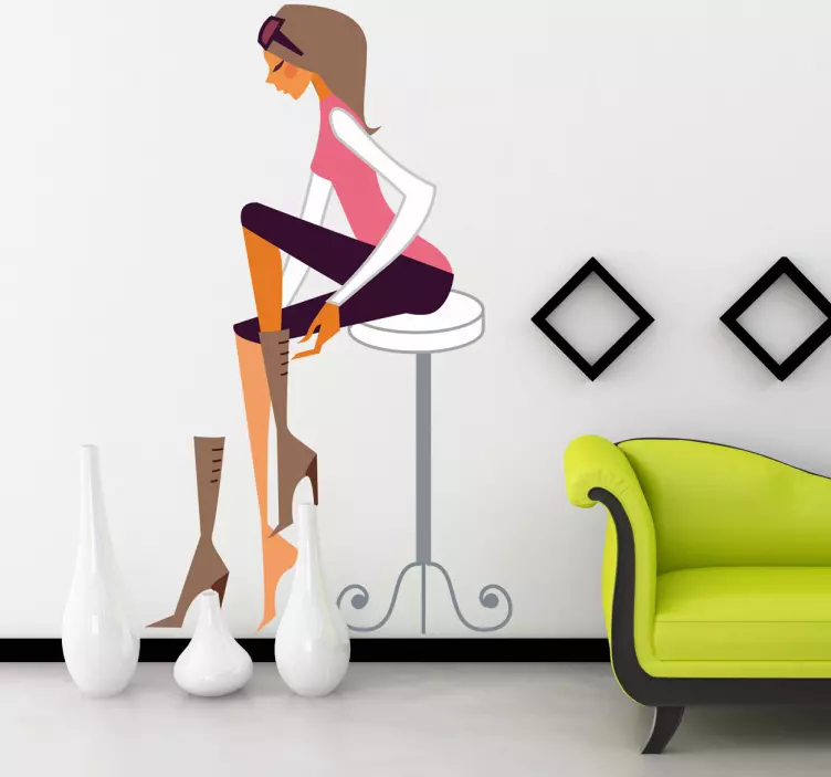 Lady Trying Boots Decorative Sticker - TenStickers