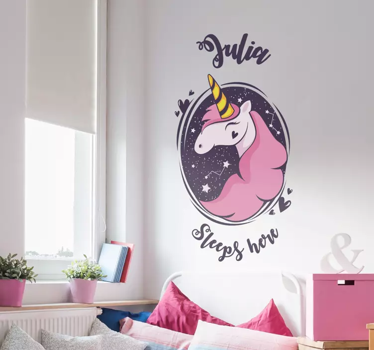 Pink unicorn with name fantasy wall sticker - TenStickers