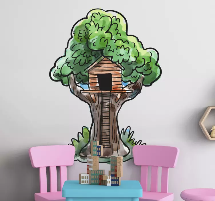 Watercolor tree house tree wall sticker - TenStickers