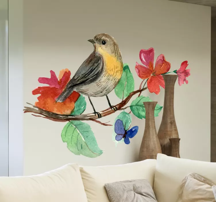 Watercolour Bird Branch Sticker - TenStickers
