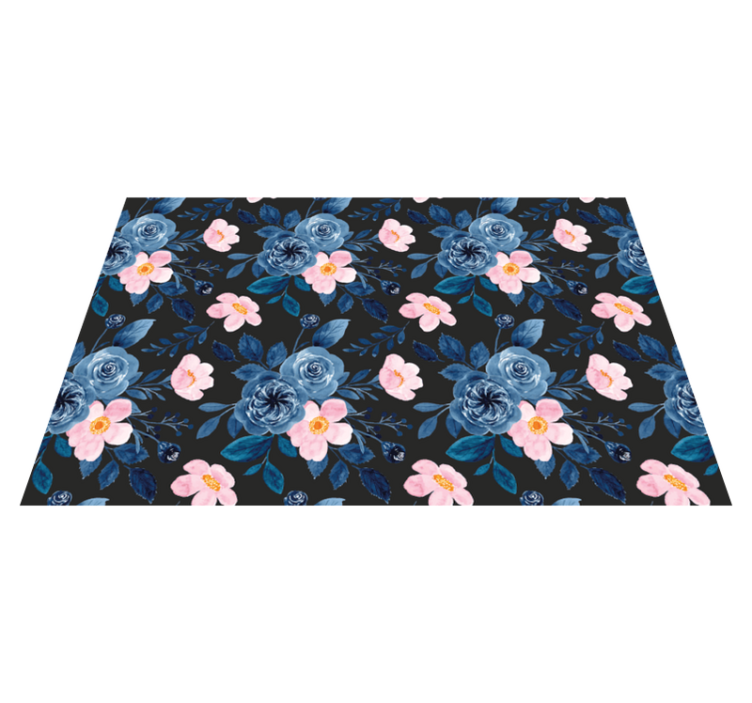 Floral vinyl rug with blue and pink pattern on black - TenStickers
