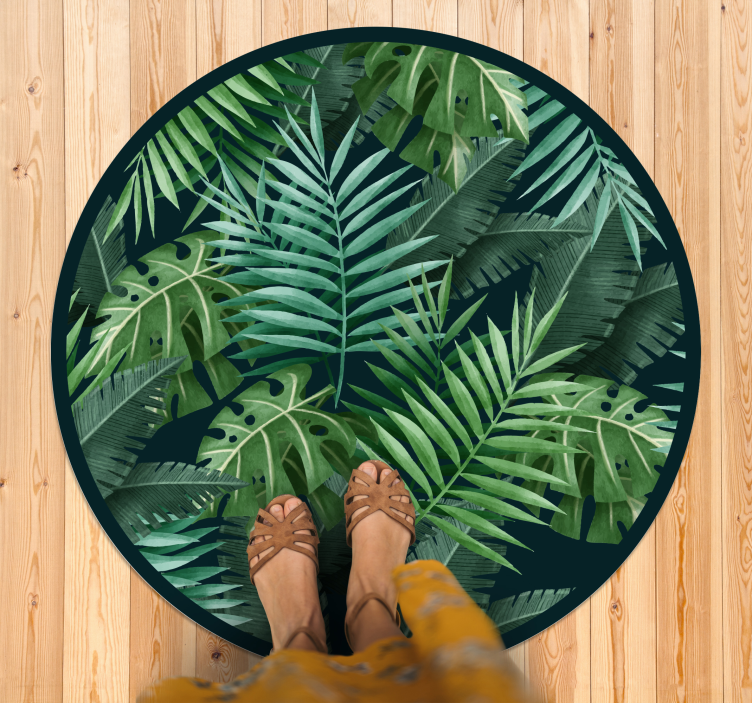 Circular exotic green leaves bedroom vinyl rug - TenStickers