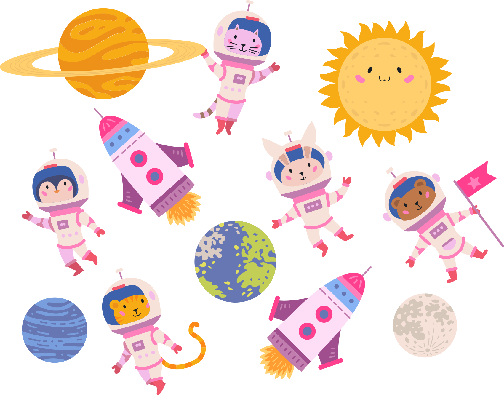Animal vinyl rug featuring astronaut animals and rockets - TenStickers