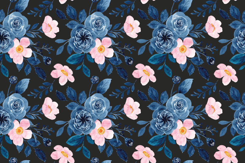 Floral vinyl rug with blue and pink pattern on black - TenStickers