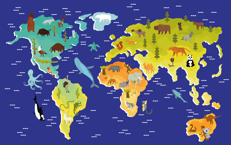 Colorful animal design world map vinyl rug - TenStickers