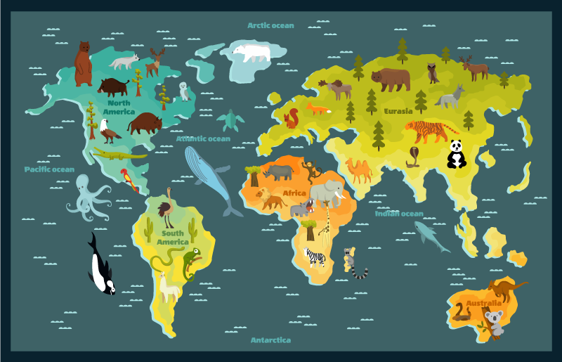 Colourful animal design world map vinyl rug - TenStickers