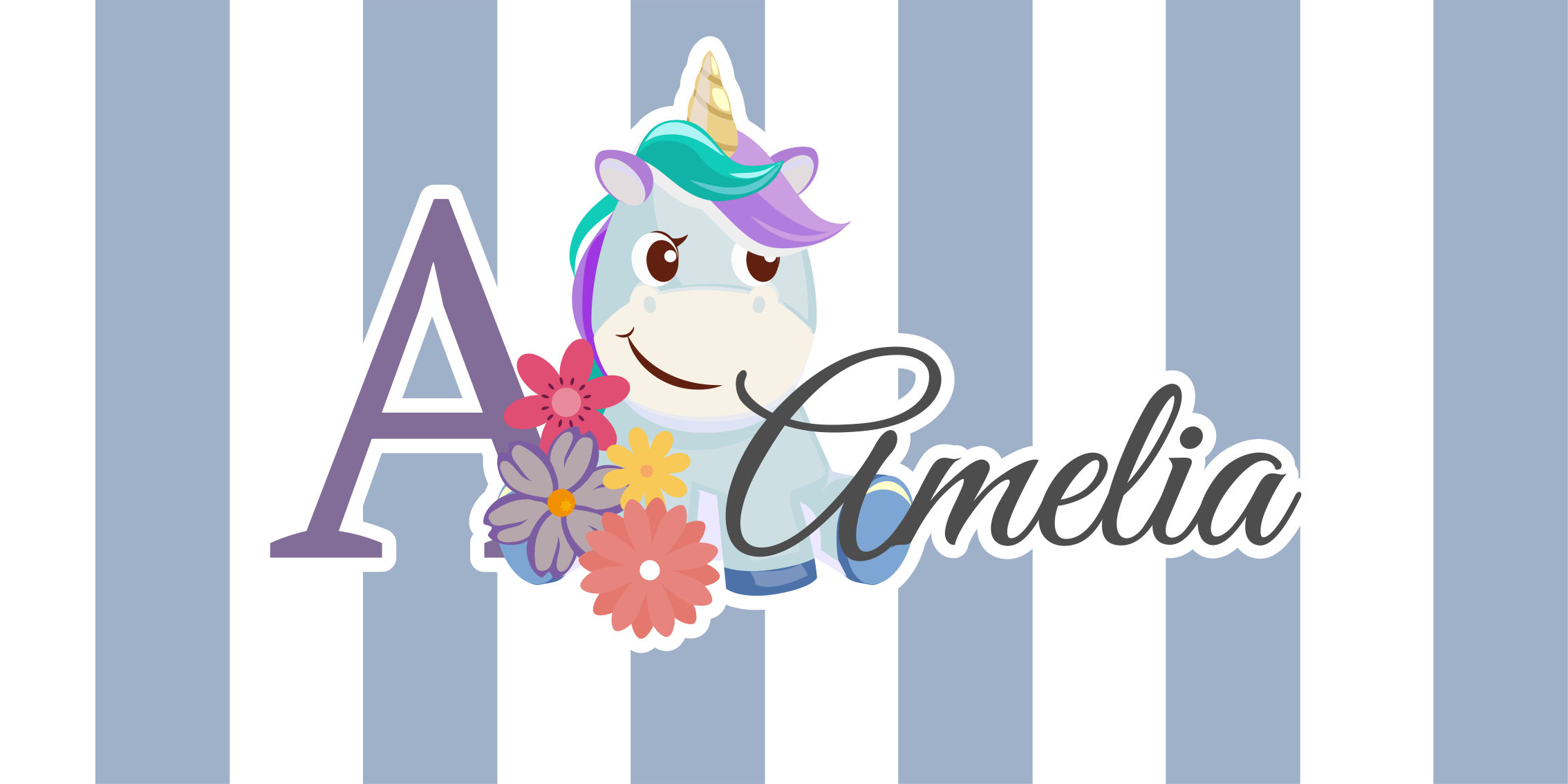 Striped unicorn with name kids vinyl rug - TenStickers